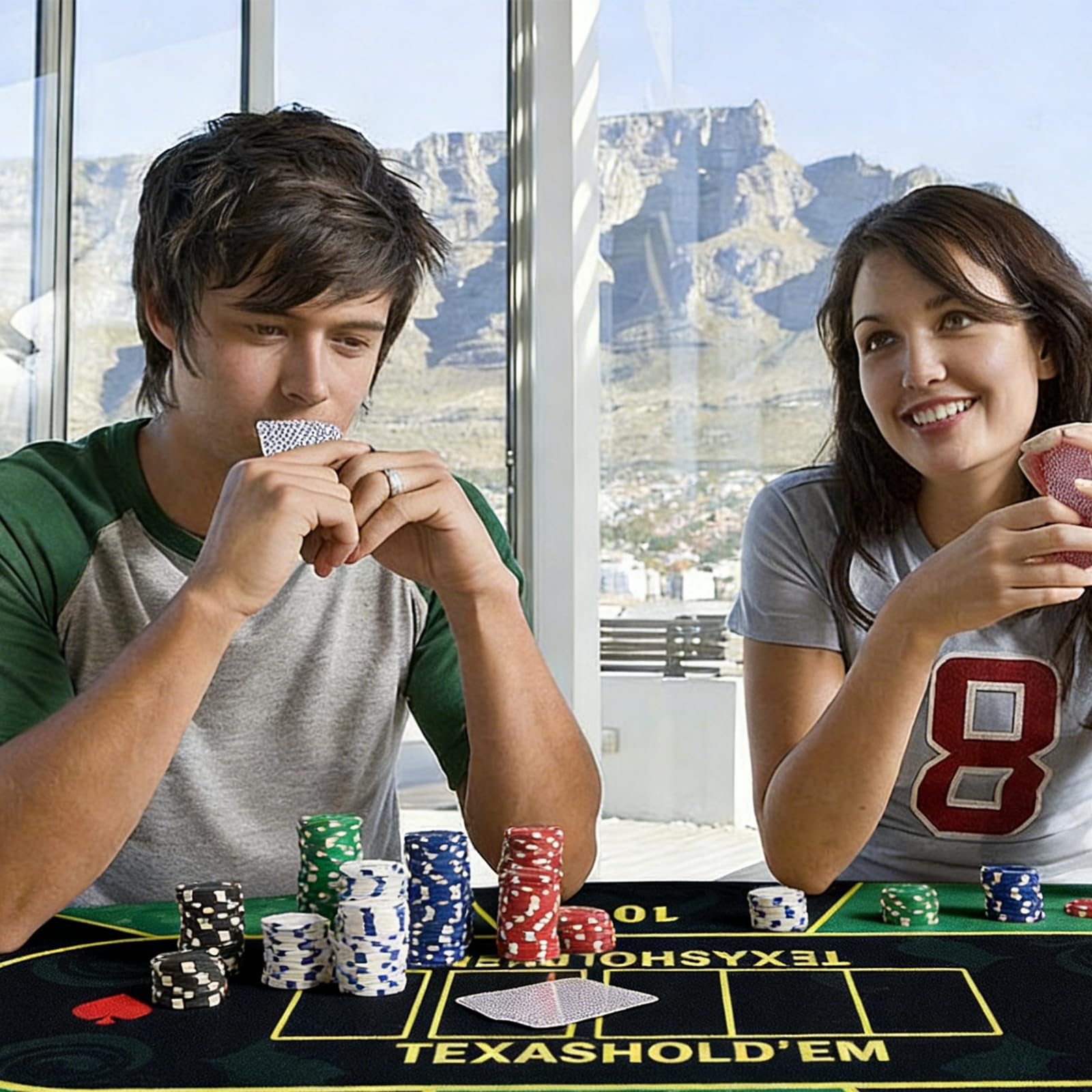 Texas Hold'em Tapis de poker 180 x 90 cm, imperméable, pour jusqu'à 10 joueurs, avec sac de transport et 8 sous-verres, idéal pour les jeux à domicile et les fêtes, tissu anti-boulochage, insonorisé