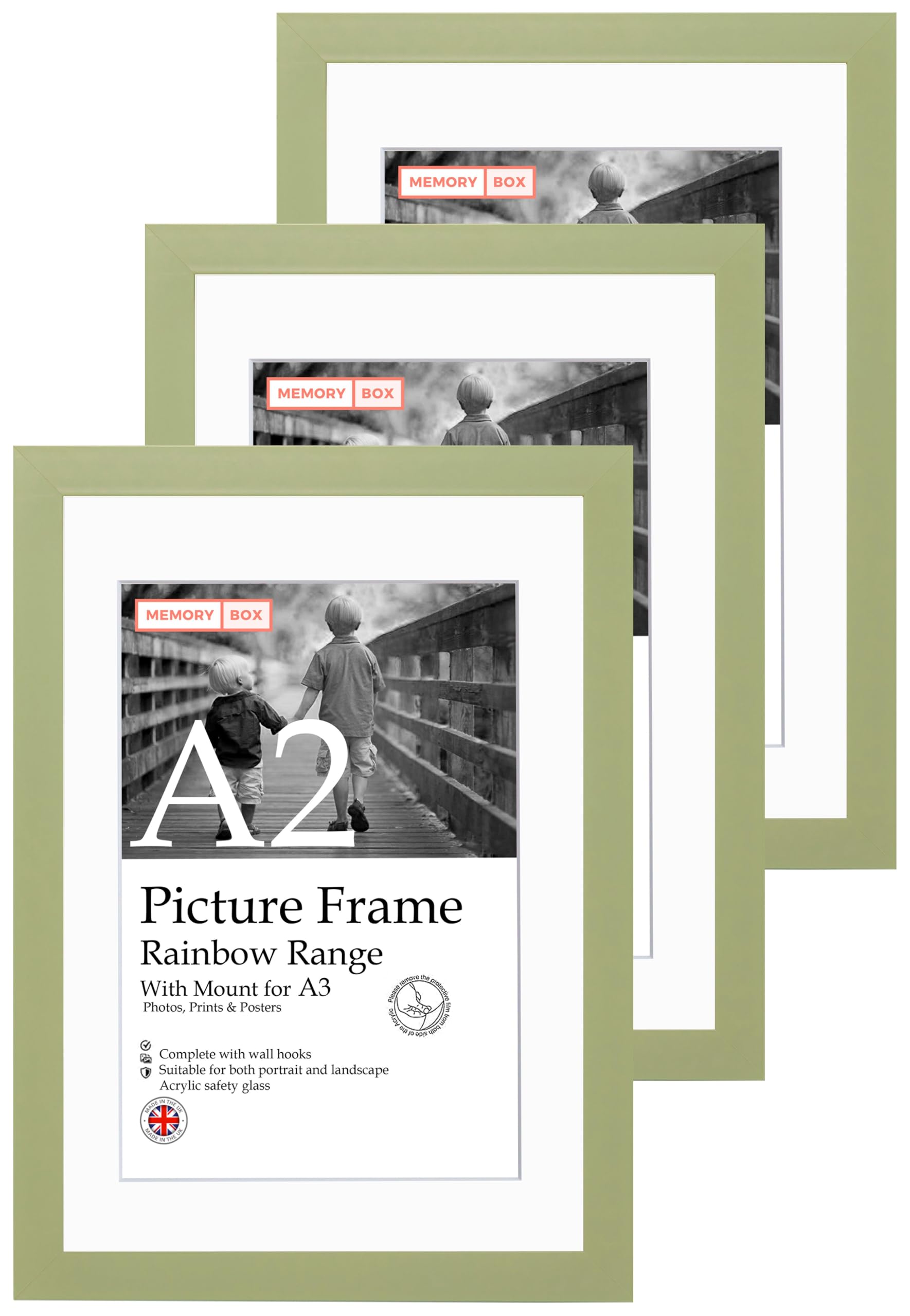 A2 Light Green Picture Frame Set of 3, Perfect for Displaying A3 Pictures with Mount or A2 Pictures Without Mount, Gallery Wall, Posters, Photos, Artwork, or Prints, Light Green