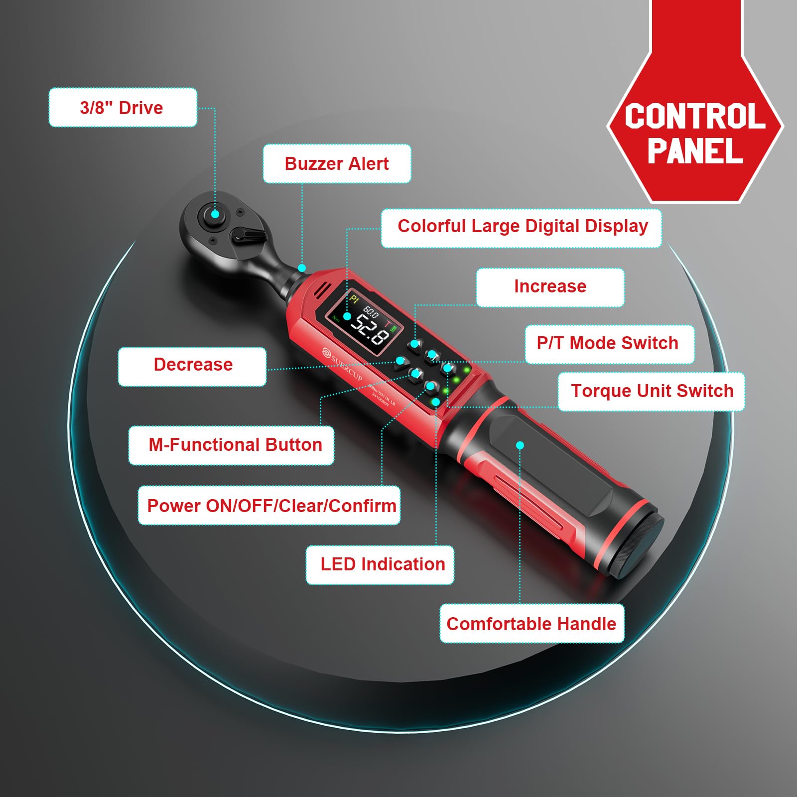 SUERCUP Llave dinamométrica digital de 3/8 pulgadas, 0,9-60 N.m, con vibración, zumbador, notificación LED y cinco unidades de medida, para bicicleta, bricolaje