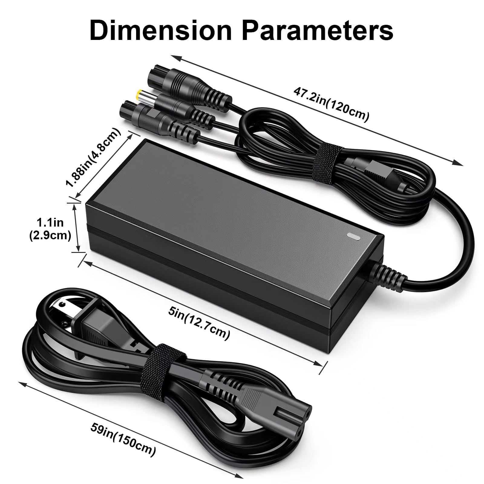 Cargador tres en uno de 42V 2A (0.315 in/0.472 in) con orificio interior (0.217 in, 0.083 in), adecuado para baterías de litio de 36V. Compatible con todas las marcas de cargadores motorizados de scooter 3