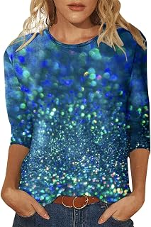 Generisch Tops con purpurina para mujer, suéter con purpurina, manga 3/4, blusa festiva, cuello redondo, algodón, sudadera de Año Nuevo, camiseta de lentejuelas estética ligera, vintage, camiseta de