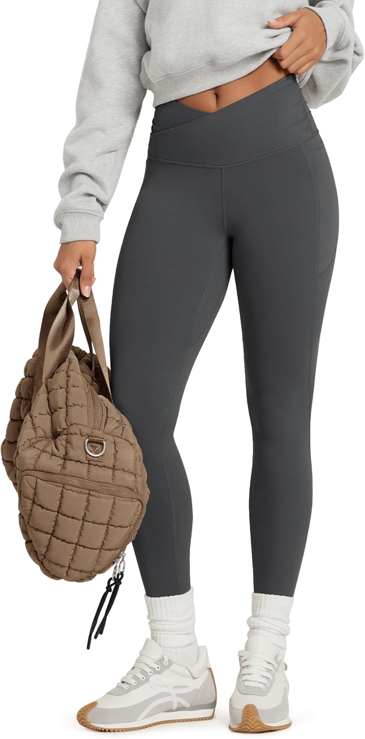 ODODOS Cloud Feeling Gathered Cross Waist Leggings with Pockets for Women 25" / 28" Crossover Lounge Yoga Pants
