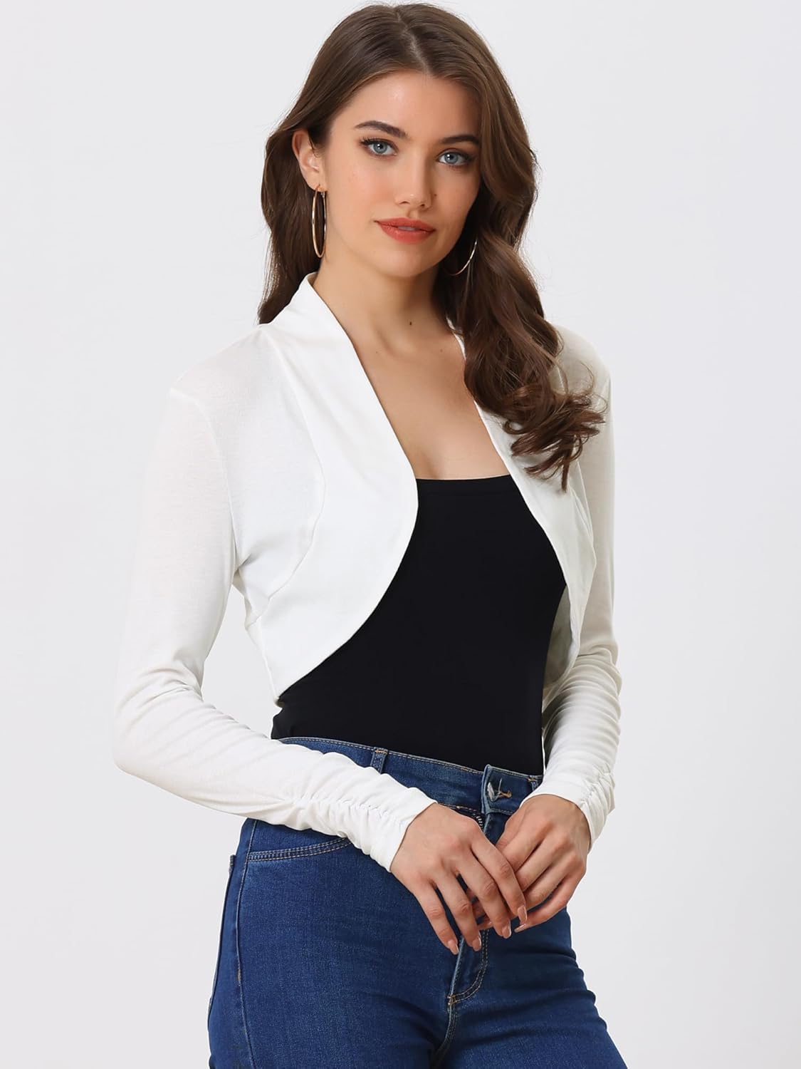 Allegra K Women's Elegant Bolero Shrug Ruched Long Sleeve Open Front Cropped Cardigan - Image 2