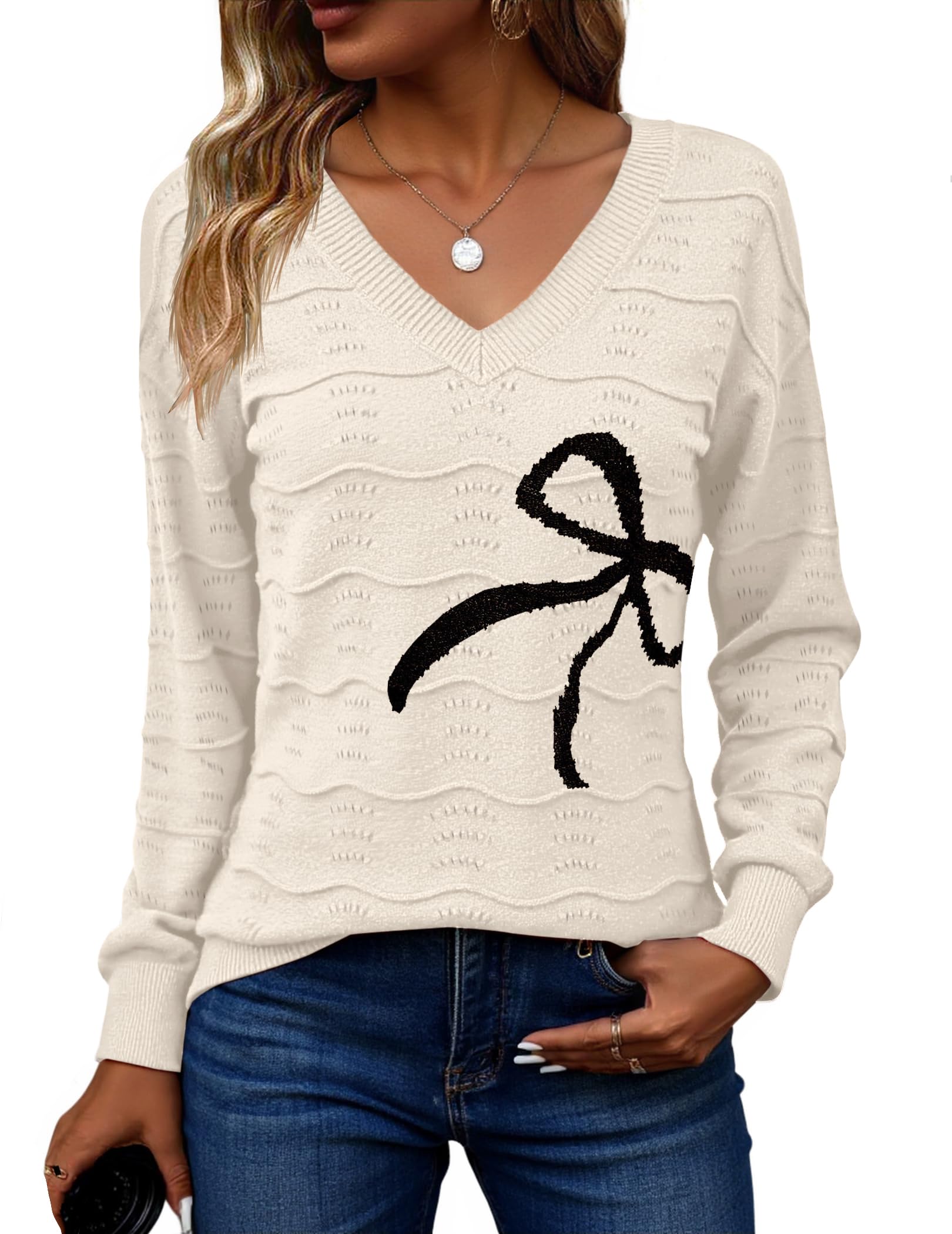 Zeagoo Womens Sweaters Fall Casual Long Sleeve V Neck Shirts Lightweight Crochet Ribbed Knit Pullover Tops Outfits