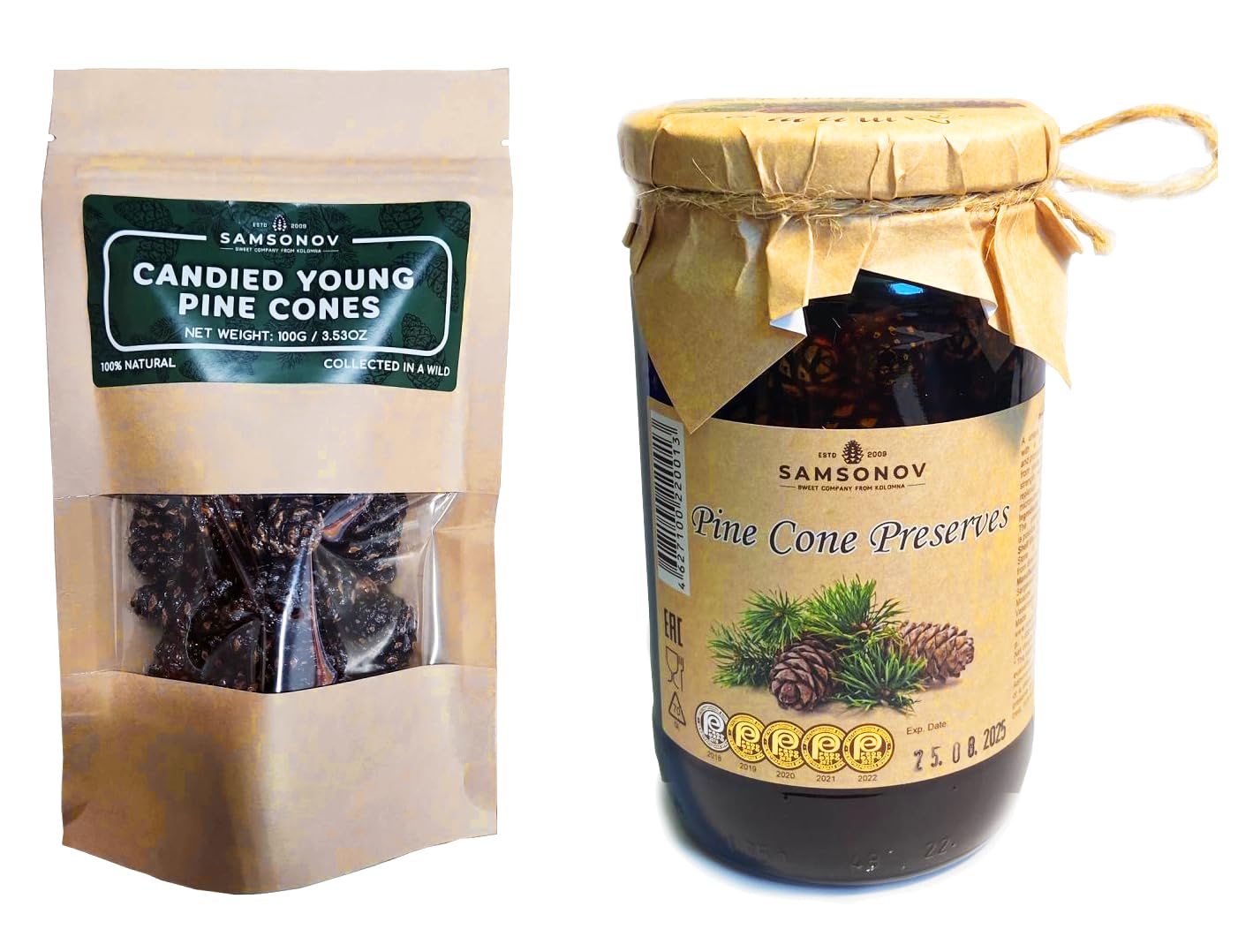 Set of Siberian Delicacy Candied Young Pine Cones 100g / 3.53oz with Pine Cone Jam Preserves 480g/ 16.93 oz by Samsonov
