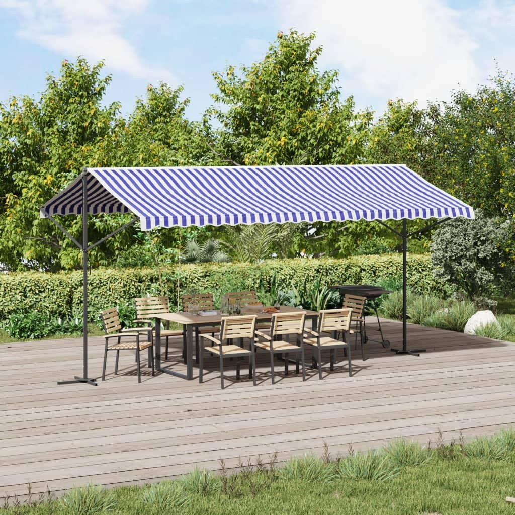 ZEYUAN Freistehende Markise Blau und Weiß 500x300 cm Stoff und Stahl, Sichtschutz Balkon, Balkon Markise, Seitenmarkise, Klemmmarkise, Sonnenvorhang, Balkonmarkisen