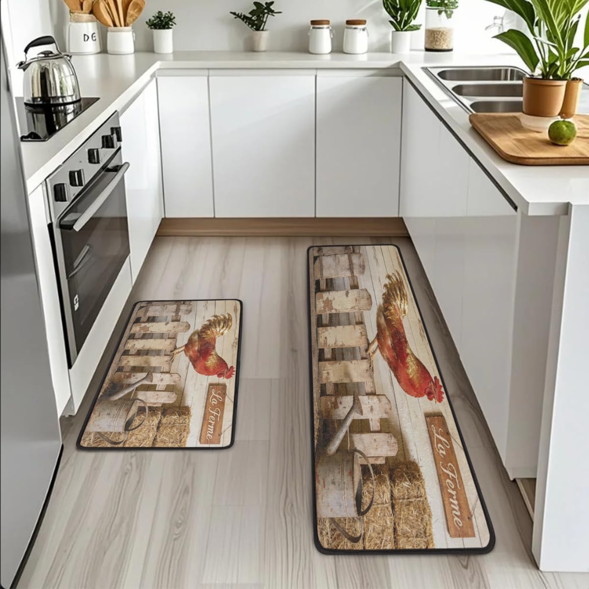 Anti Fatigue Farm Rooster Kitchen Mats for Floor 2 Piece Set, Waterproof Non Slip Boho Kitchen Floor Rugs, Comfort Standing Mat for Sink Laundry & Home Kitchen 17"x47"+17"x29"