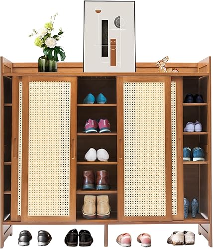 Miniatura 7 de Gabinete de zapatos de ratán con puertas, armario independiente de almacenamiento de zapatos con 5 niveles y estantes de almacenamiento para