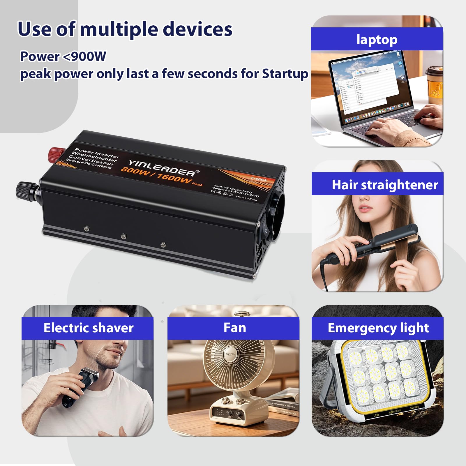 Yinleader Inverter di Potenza 12V 230V, 800W Continuo/1600W Picco, Convertitore CC-CA con Display LCD, 2 USB e Protezioni Completa per Auto Camper Pannello Solare