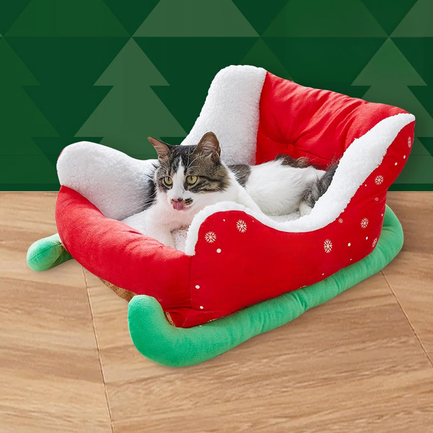 Christmas Sleigh Dog Bed, Christmas Sleigh Cat Bed for Indoor Small Medium Large Pets (Red)