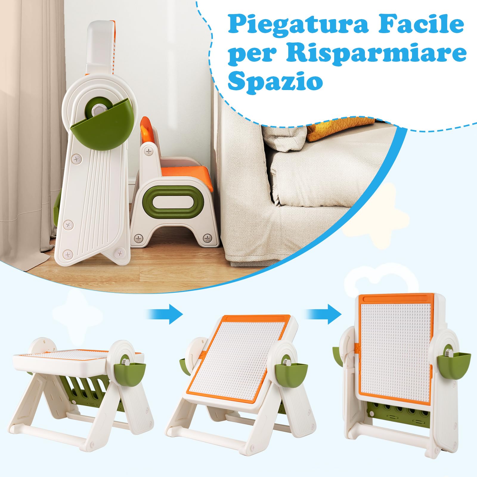 COSTWAY Set Tavolo e Sedia 6 in 1 per Bambini 18+ Mesi, Tavolino Pieghevole con Piano Reversibile, Porta Penne, Cesti Contenitori e Scaffale, Tavolo Salvaspazio per Giochi per Cameretta (Arancione)