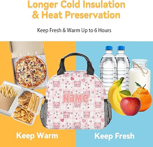 Miniatura 6 de Lonchera personalizada con diseño de cerdo, lonchera aislada para adolescentes, bolsas de almuerzo rosadas con bolsillos, lonchera congelable