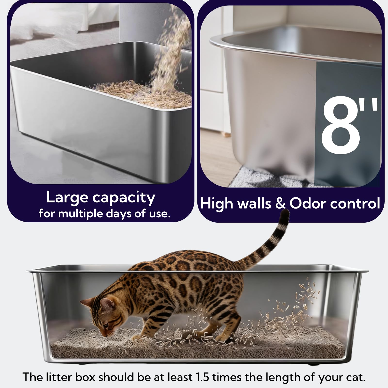 2 Pack Stainless Steel Cat Litter Box with High Sides - Metal Cat Pan, Large Indoor Litter Tray, Never Absorbs Odor, Pet Toilet Supplies Smooth Surface for Kitten, Kitty, Rabbit 19.7"x13.8"x8" - image 2