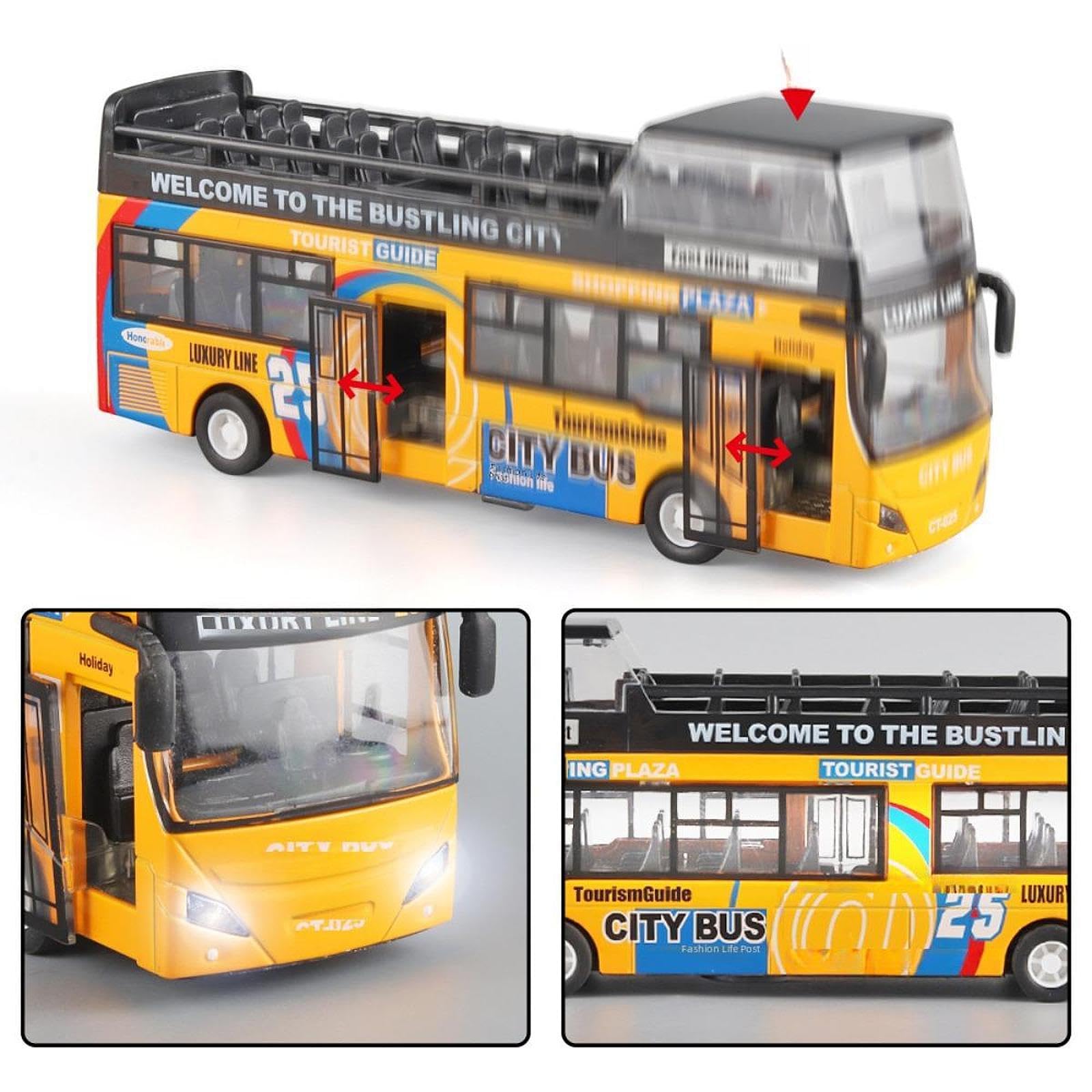 Qianly Autobus Giocattolo a Due Piani con Meccanismo a Frizione, Luci, Suoni, Porte Apribili E Pneumatici in Gomma - Adatto alla Collezione dei Bambini, Giallo