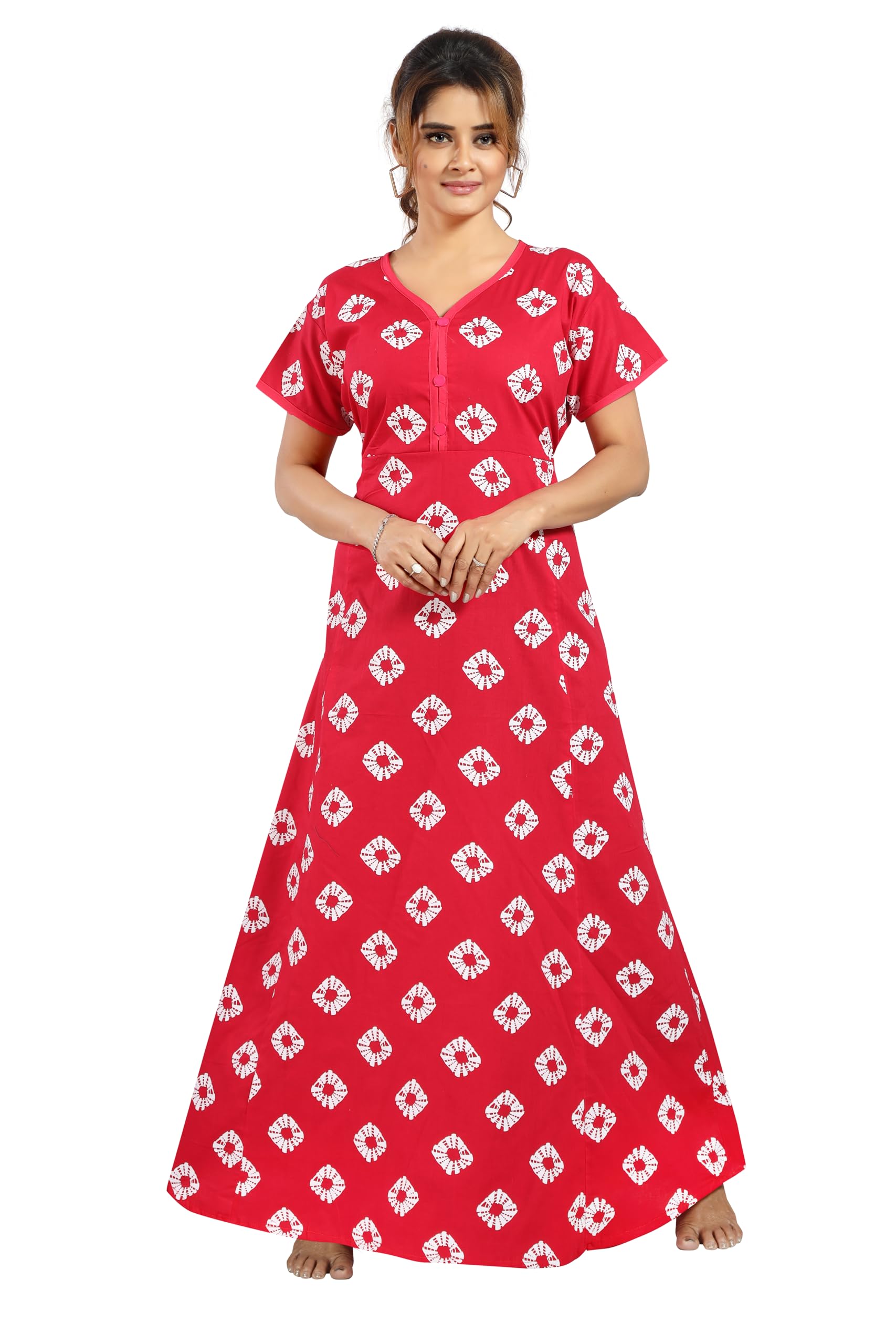 Women’s Bandhani Print Maxi Nighty for Women | V-Neck Short Sleeve Full Length Night Gown | Soft & Comfortable Printed Nightwear (Red)-picture-45