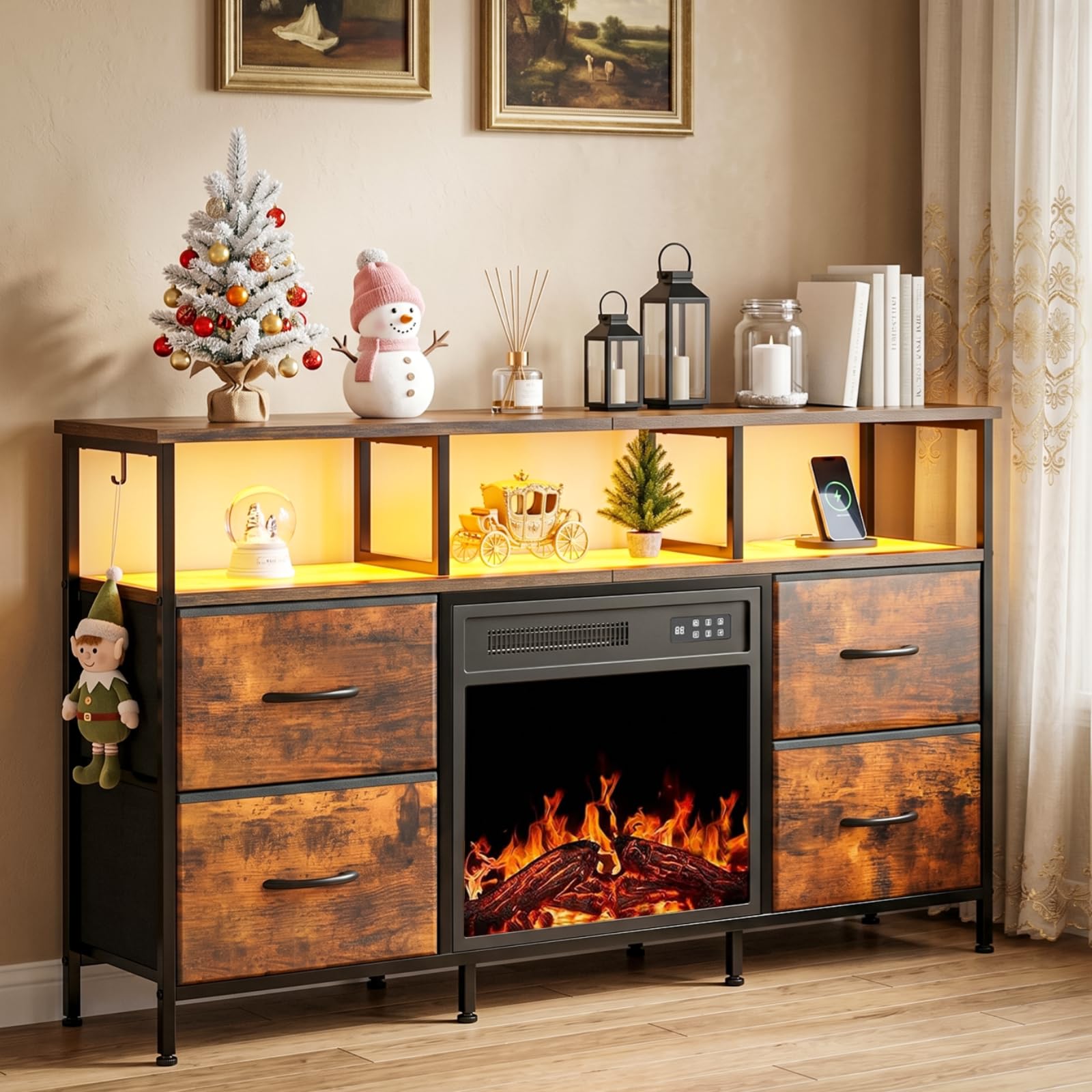 Waleaf Mueble para TV con Chimenea Eléctrica y 4 Cajones de Tela, 4 Enchufes, 2 USB, Tiras LED Multicolor, 124 x 29,8 x 74 cm, para Dormitorio y Salón