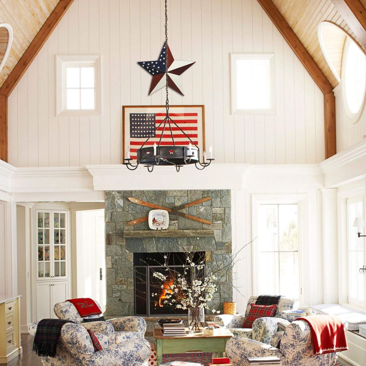 Patriotic Metal Barn Star Wall Decor, 16.5in Hanging Country Rustic Old Glory American Flag Metal Star July of 4th Memorial Day Hanging Sign