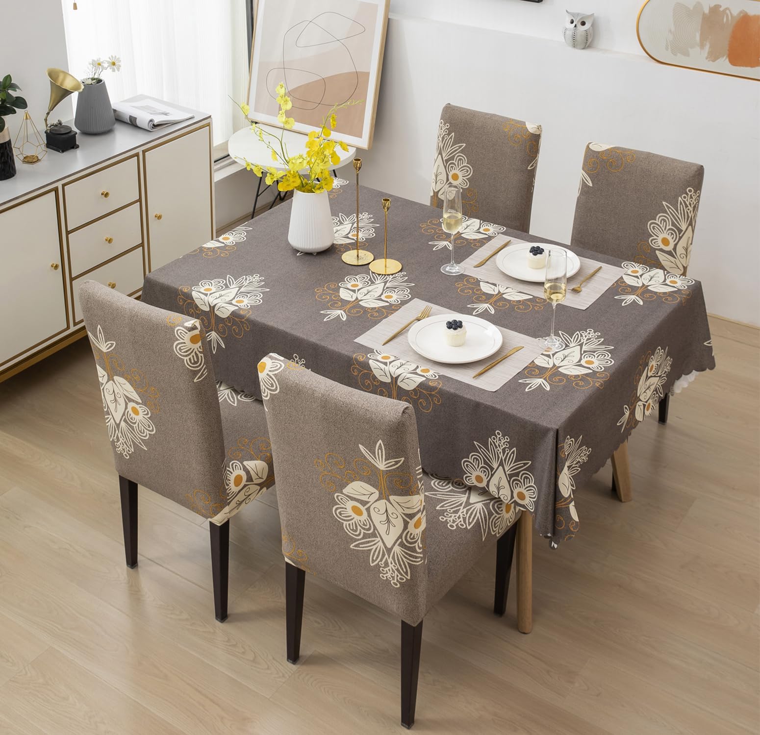 House of Quirk Polyvinyl Chloride (PVC) Dining Chair Cover with Rectangular Table Covers for Kitchen Waterproof Dining Table Cloth (Beige Brocade, 1 Table Cover + 6 Chair Cover)