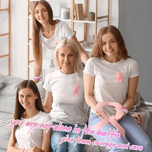 Miniatura 4 de Kigeli 100 pulseras de silicona con cinta rosa para concienciación sobre el cáncer de mama, pulsera de apoyo inspiradora para suministros de fiesta