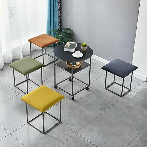 Miniatura 9 de Juego de 5 mesas de centro de otomanas anidadas, incluye 4 taburetes otomanos apilables, marco negro del escritorio con ruedas giratorias, ruedas