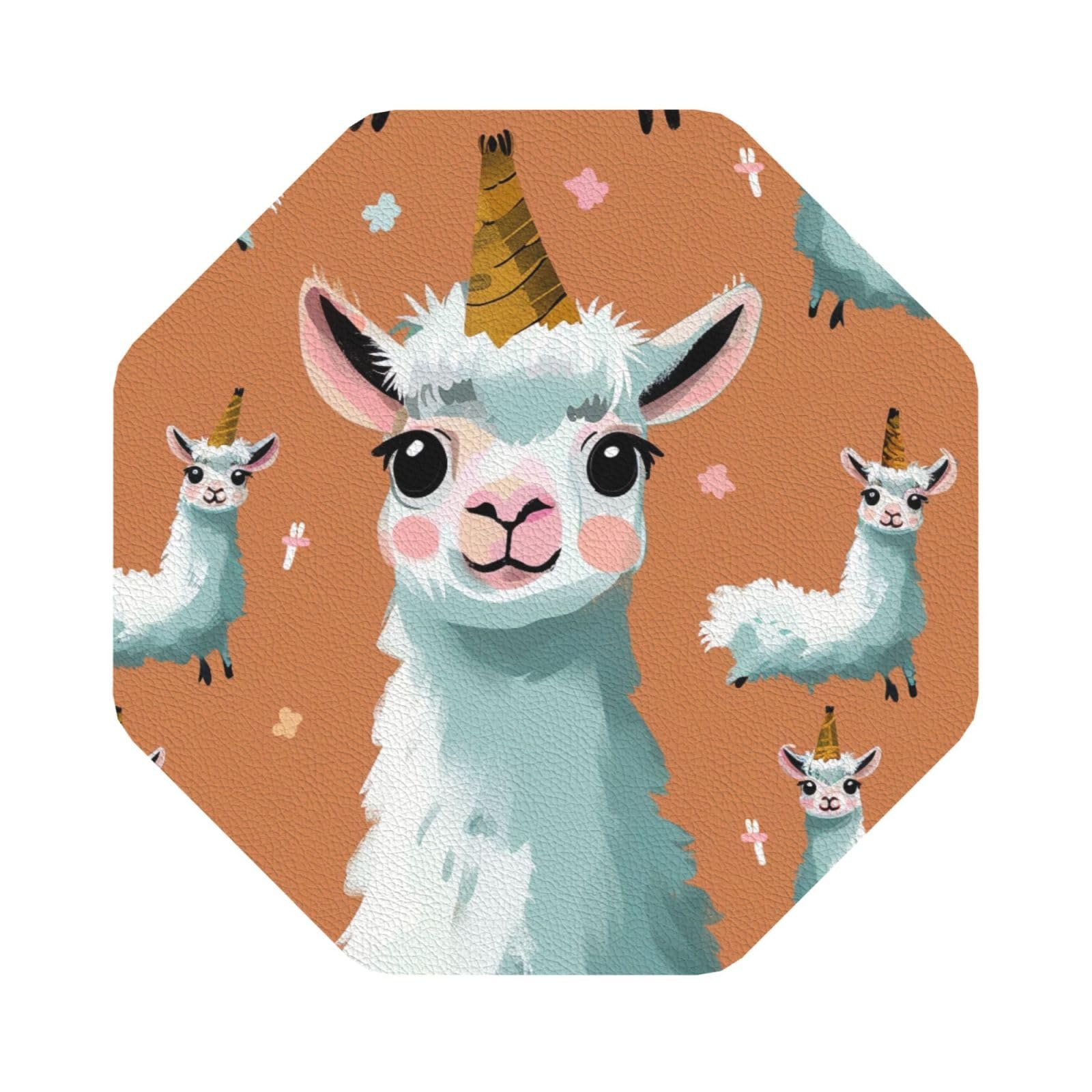 Cute Llama Print Leather Coaster Set of 6, Octagon Coasters Table Decorative Coffee Cup Beverage Coasters Wine Beer Bar Coasters for Hot Drinks Table Protection