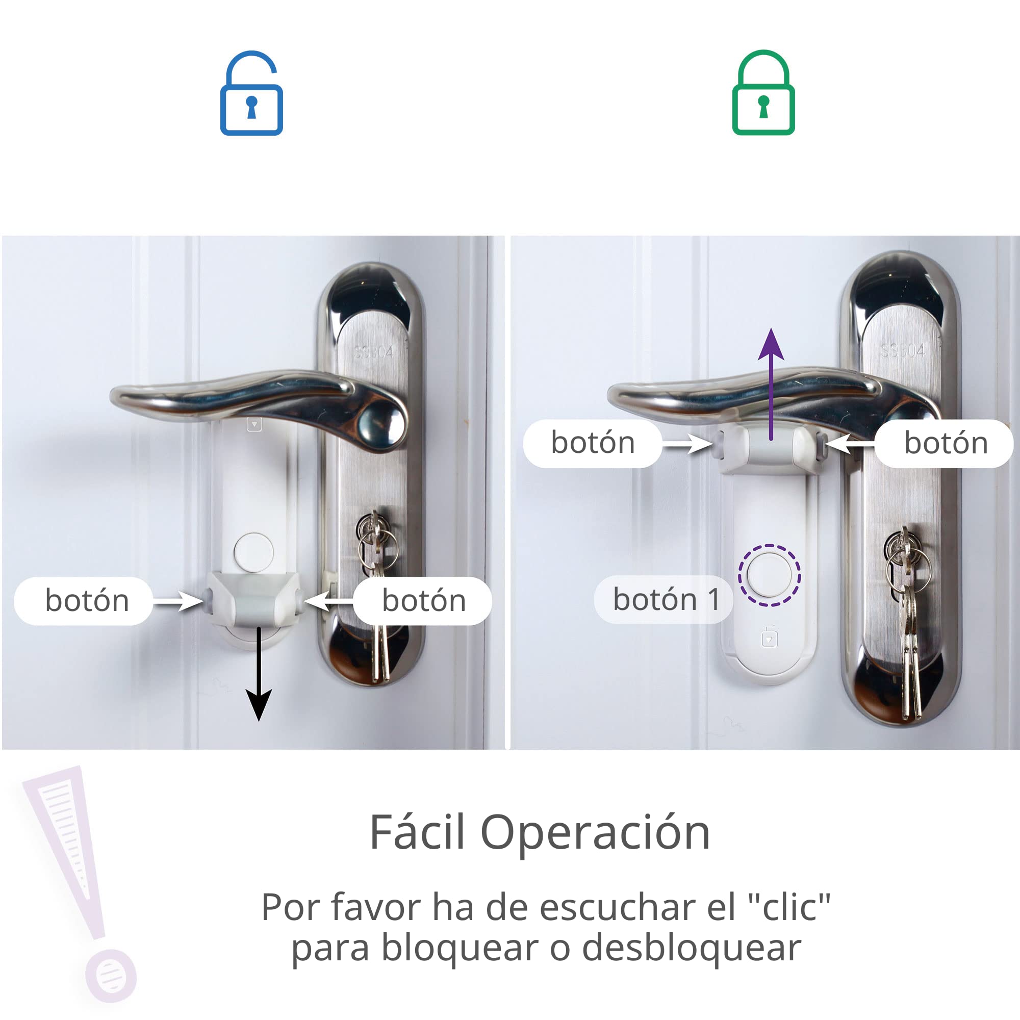 Moonybaby Cerradura de la manija de seguridad para niños, Fácil de instalar, Simple para operar, Sin herramienta, Adhesivo de alta resistencia(3M VHB), Sin residuos(2 Piezas)