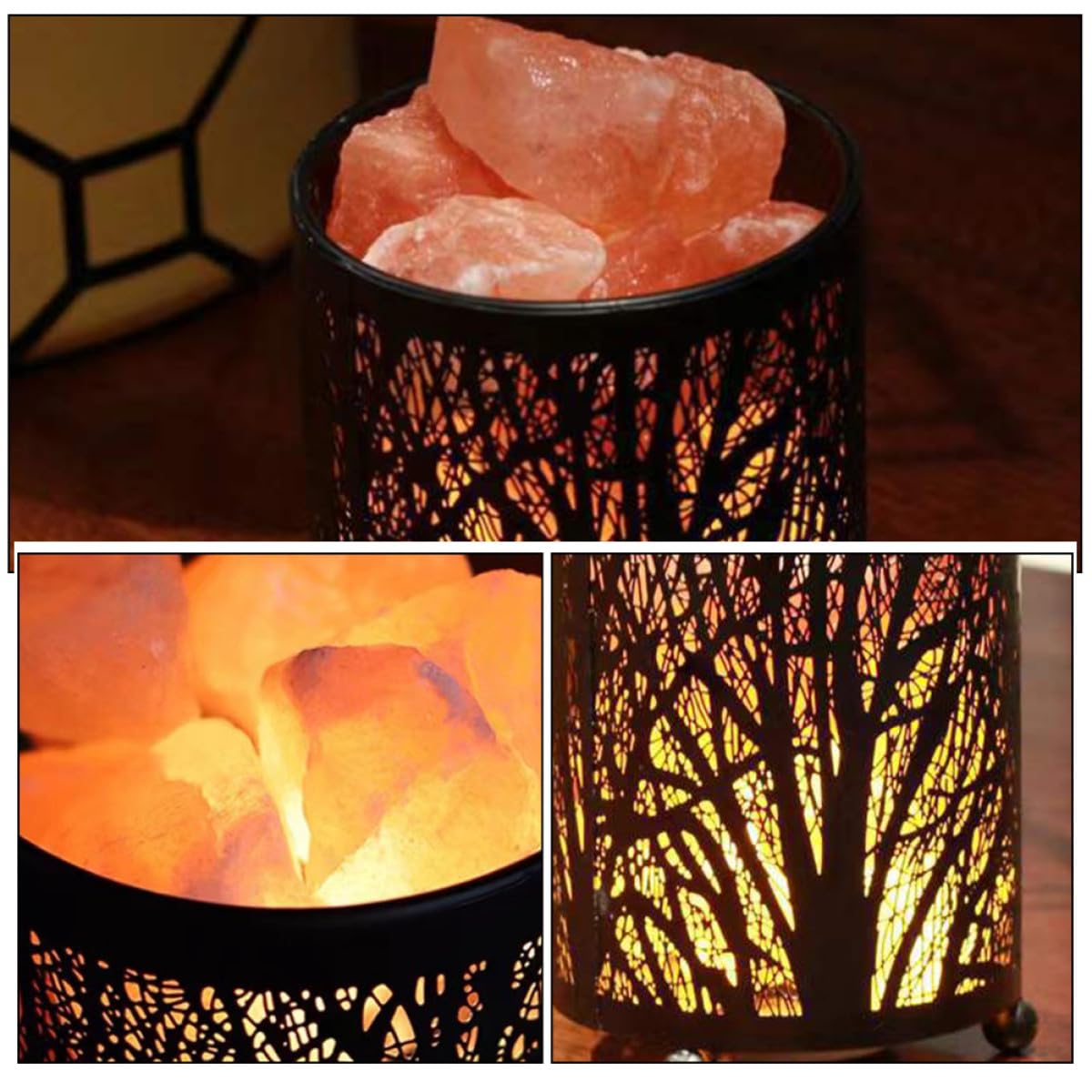 Veilleuse Lampe de Chevet Décorative en Sel, Fer Noir, avec Ampoules