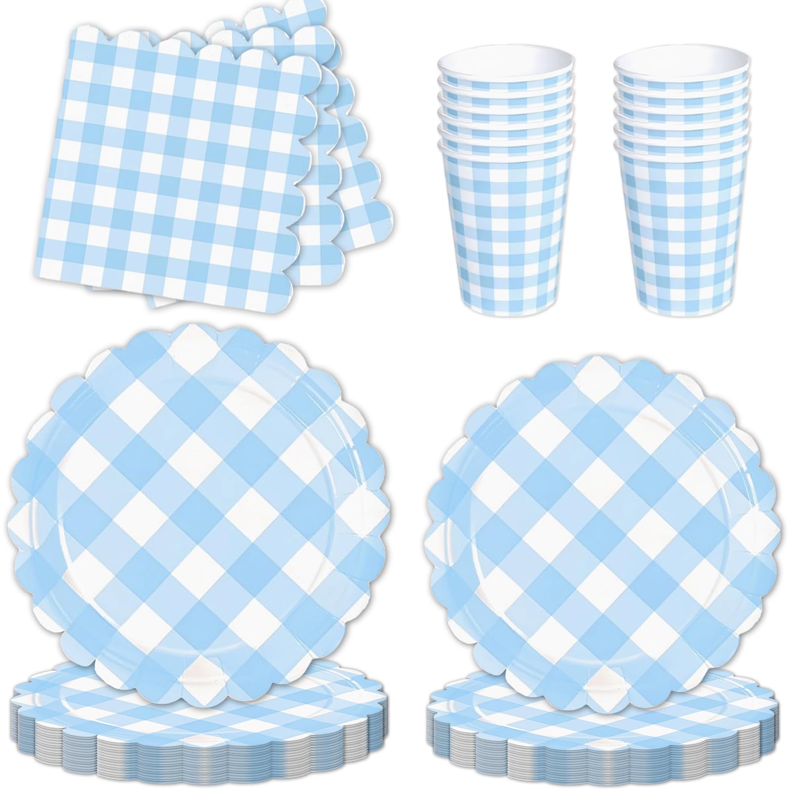 Vectorgolden 80Pcs Blue White Gingham Checked Party Tableware Set of 20 Guests, Party Tableware Set Including Paper Plates, Paper Cups, Napkin for Weeding, Baby Show, Biridal Show, Tea Party, Birthday