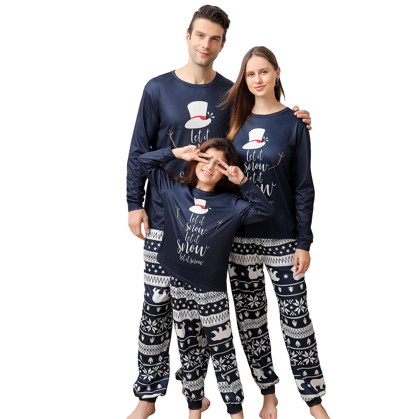 OnancehimMatching Christmas Pajamas for Family, Funny Holiday Cute Let It Snow Print Tops Plaid Pants Xmas Sleepwear Pjs Set