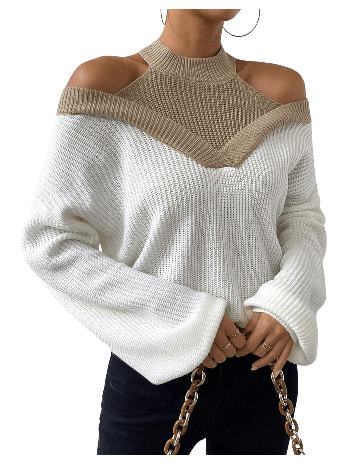 Milumia Womens Fall Color Block Off The Shoulder Crew Neck Long Sleeve Knitted Pullover Sweater
