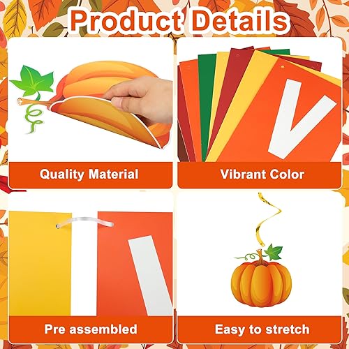 Miniatura 4 de Decoración de fiesta de Acción de Gracias, pancarta de agradecimiento con bolas de panal de abeja, pavo, calabaza, hojas de arce, espirales
