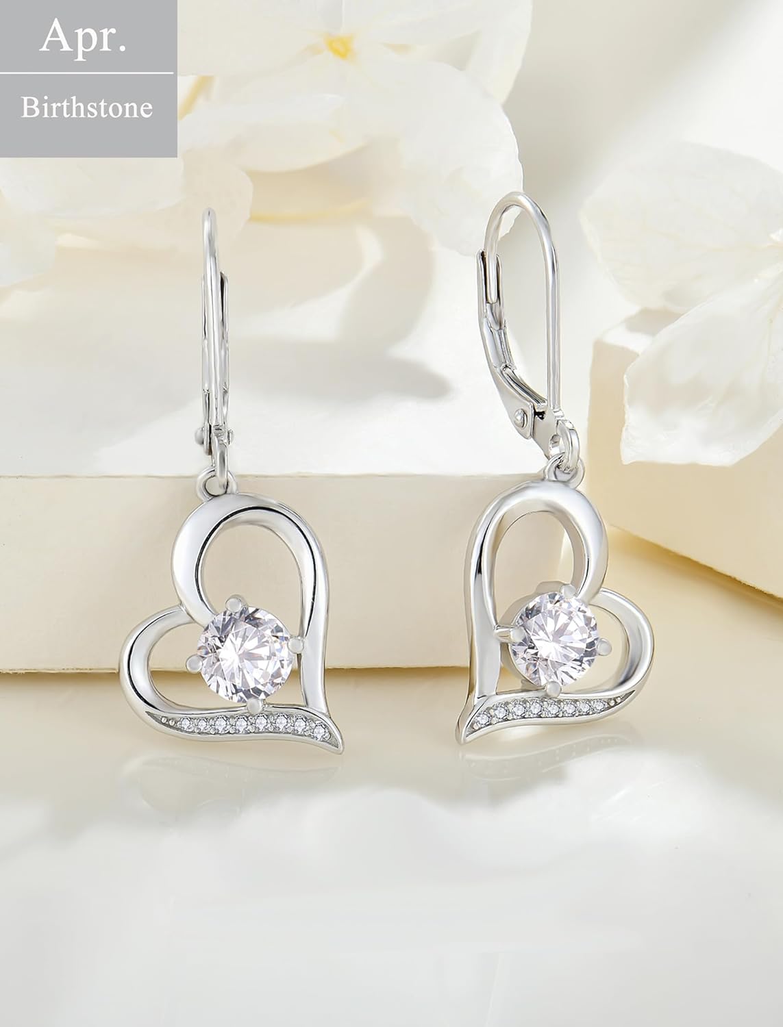 Women Heart Earrings 925 Sterling Silver Love Heart Dangle Drop Earrings Round Birthstone Jewelry - Image 4