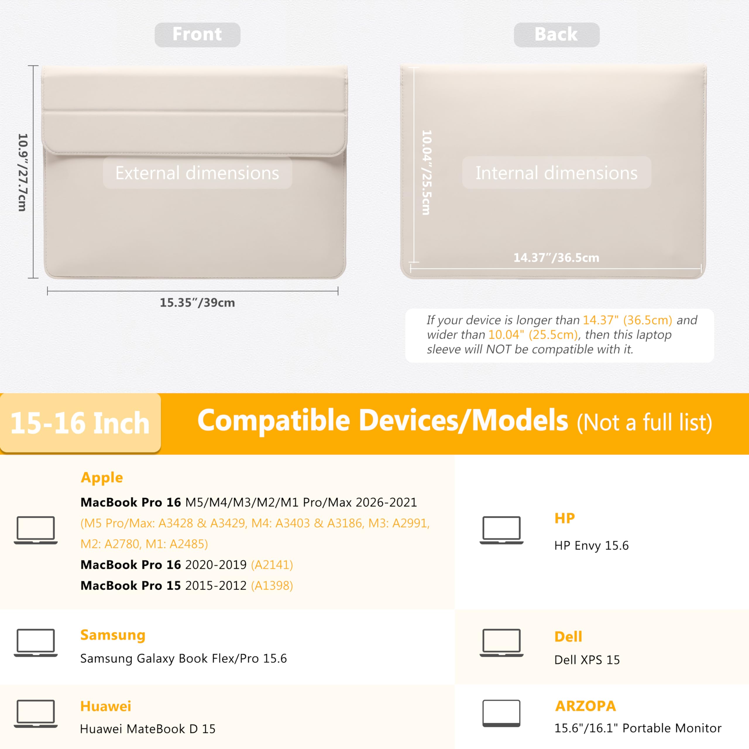 HYZUO 15-16 Pulgadas Funda para Portátiles con Soporte para MacBook Pro 16 M5/M4/M3/M2/M1 Pro/MAX 2026-2019, XPS 15, MacBook Pro 15 2015-2012, Samsung Galaxy Book Flex/Pro 15, Beige — view 6