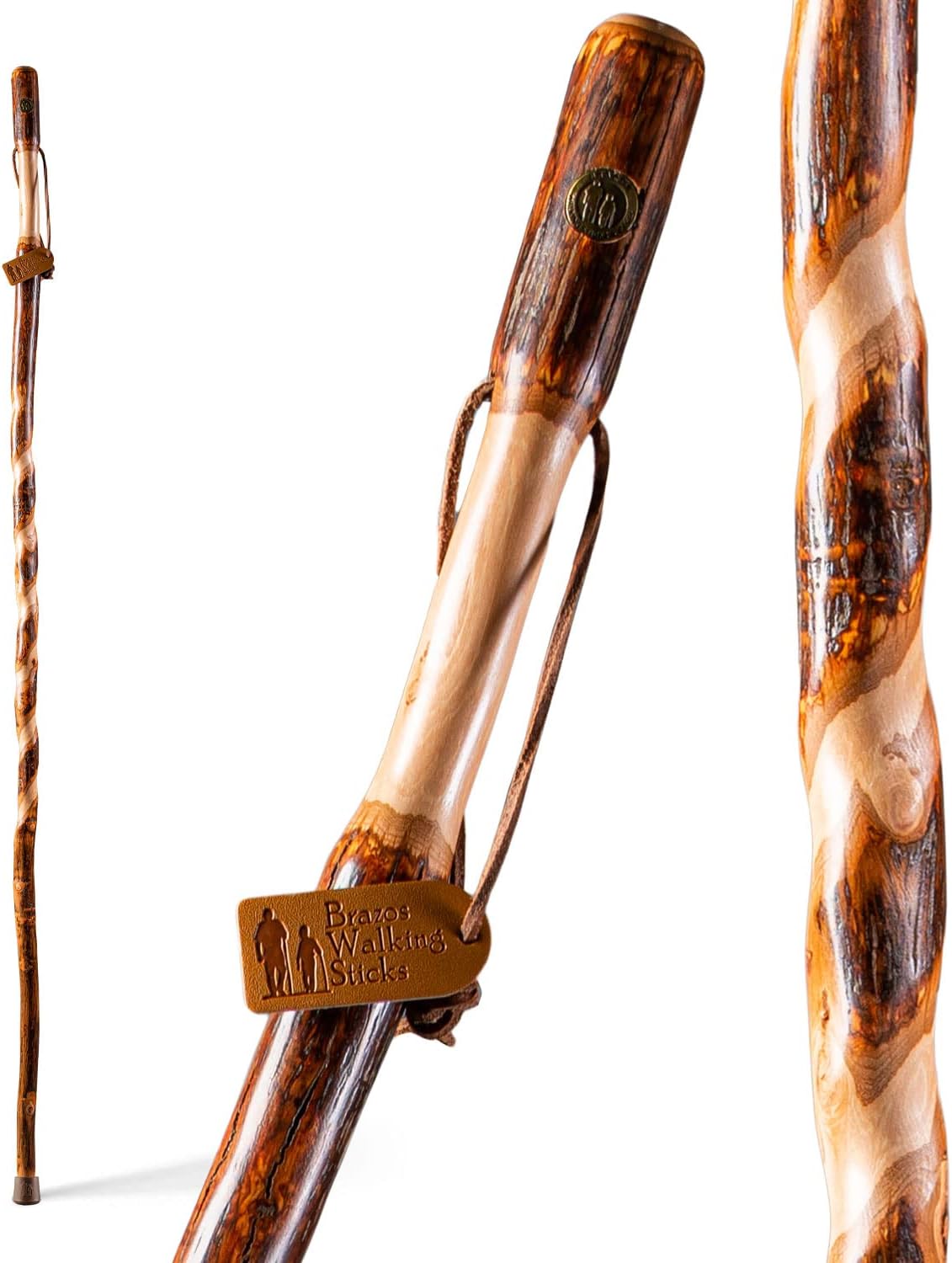 Brazos Rustic Wood Walking Stick, Twisted Hickory, Traditional Style Handle, for Men & Women, Made in The USA