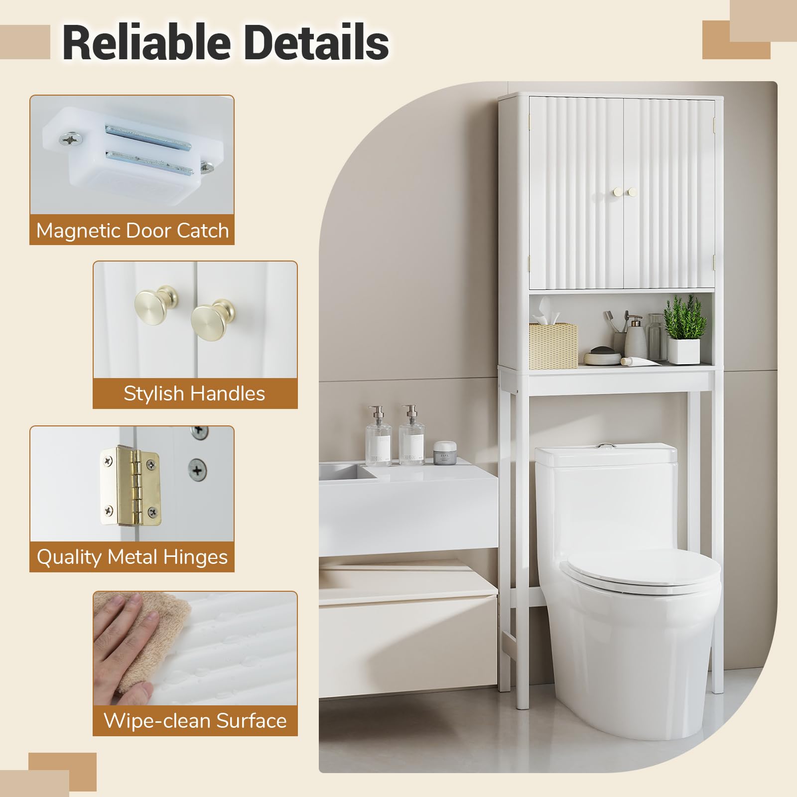 GIANTEX Toilettenregal, Regal über Toilette mit verstellbaren Regalen, Toilettenschrank mit 2Türen & offener Ablage, 60 × 23 × 168 cm, platzsparend Überbauschrank für Badezimmer & Waschküche (Weiß)