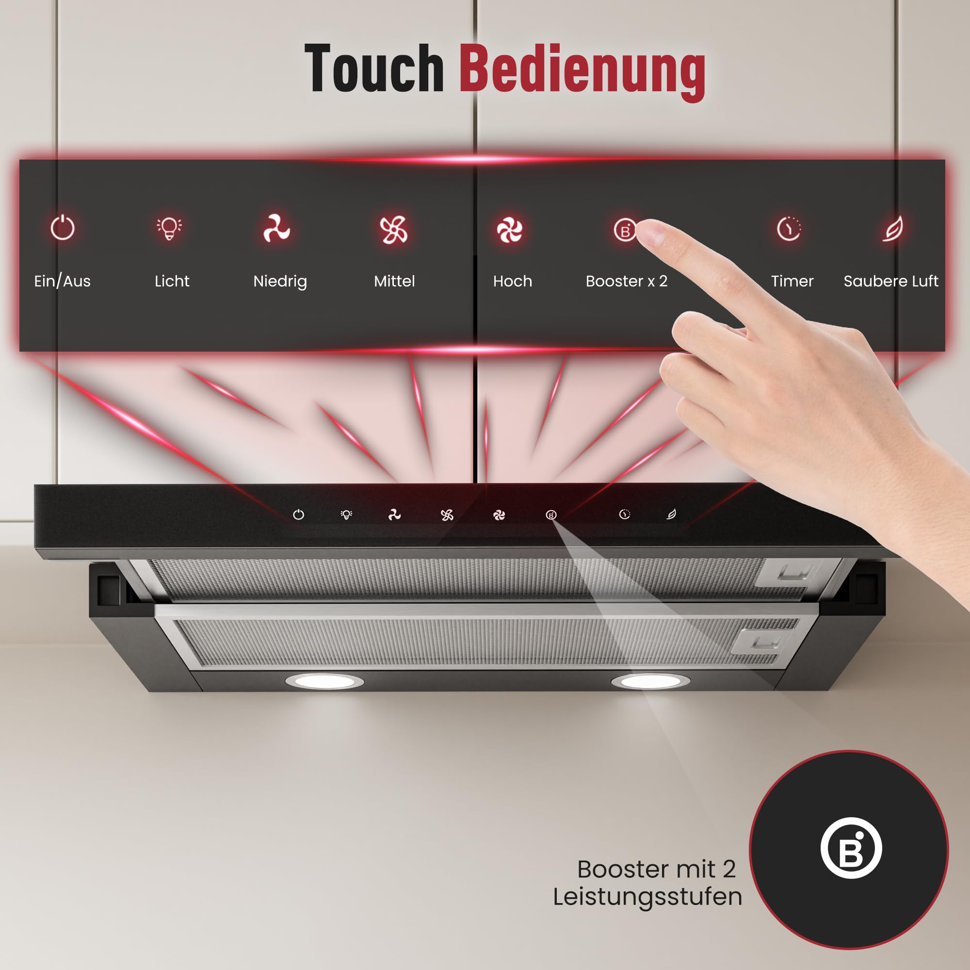 LEVIVO Dunstabzugshaube 60cm Unterbau Umluft Abluft 750 m³/h Flachschirmhaube 3 Stufen LED-Licht Ausziehbar Schwarz