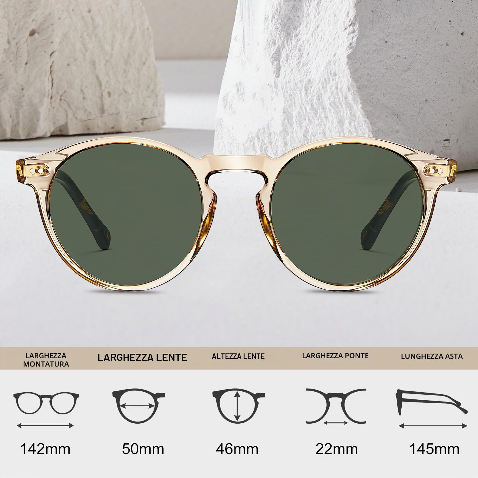 Carfia Retro Occhiali da Sole Uomo Polarizzati UV400 Protezione Rotonda Cornice in Acetato CA5289