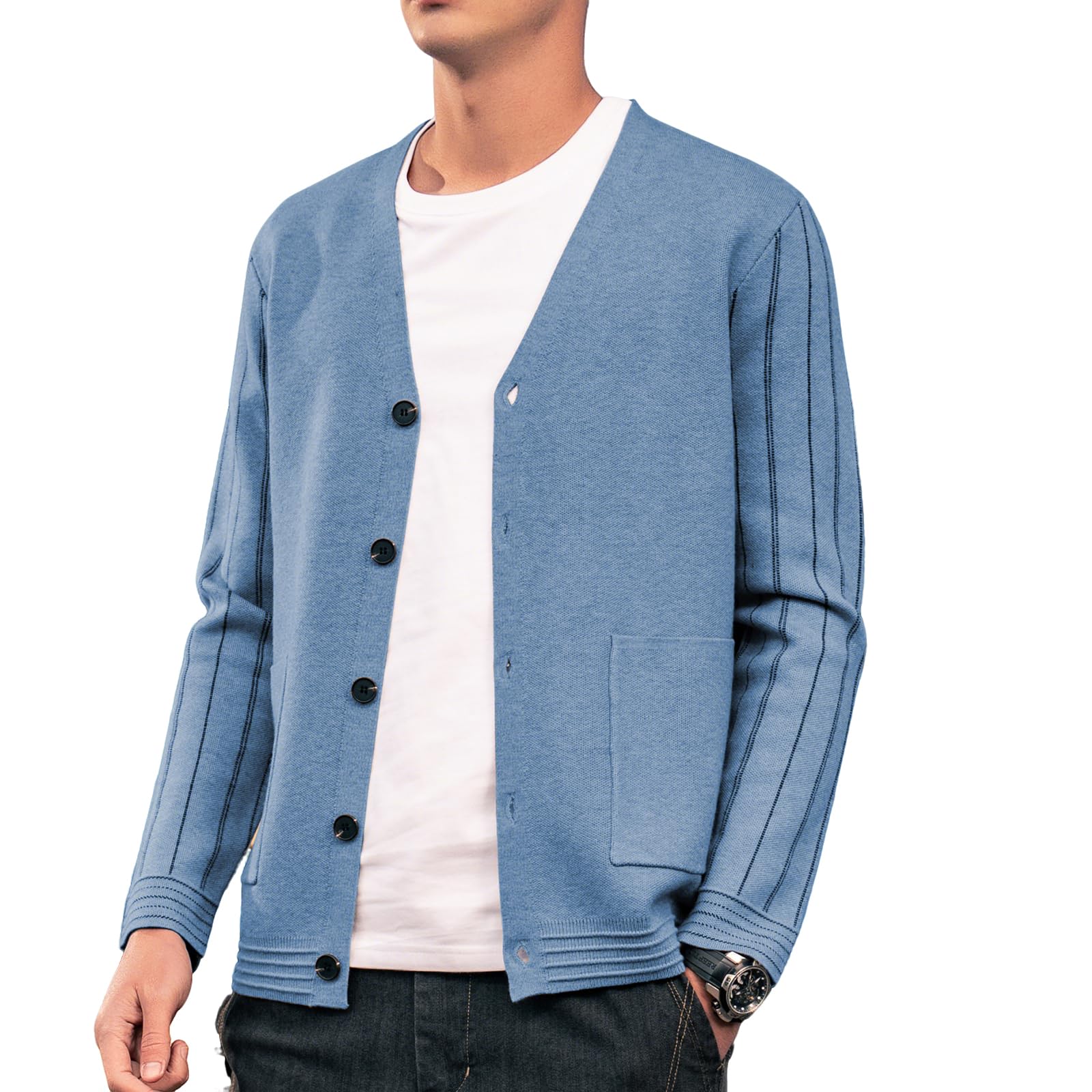 Men's Cardigan Sweater Button Front V-Neck Long Sleeve Knit Sweaters