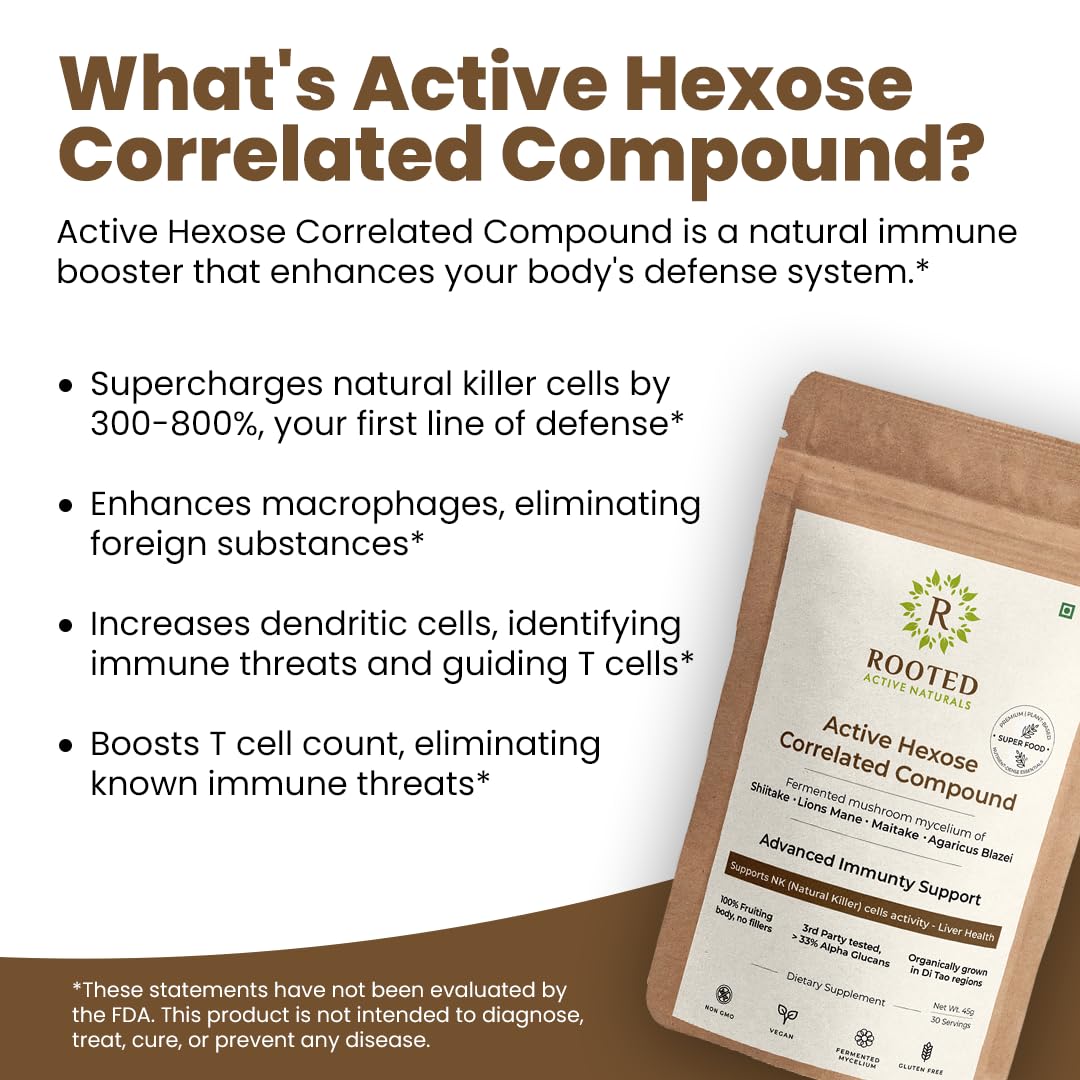 Rooted Active Organic Active Hexose Correlated Compound Powder | Immune Support Supplement | Mushroom-Derived Extract | 100% Natural, Vegan, Lab-Tested Immunity Booster (45 Grams) - Image 4 thumbnail