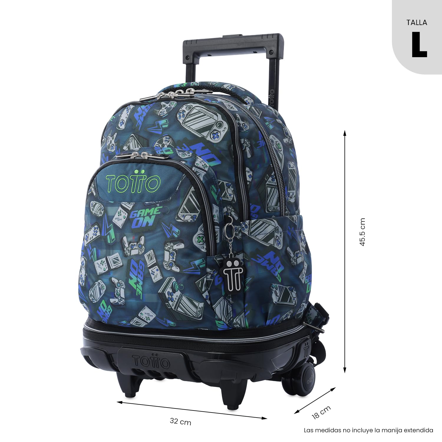 TOTTO - Mochila Escolar con Ruedas Desmontables, Modelo Tiza, Capacidad 26 L, Mochila PC 15.4", Bolsillo Botella, Manija Telescópica, Espaldar Ergonómico y Correas en S, Estampado Button Azul