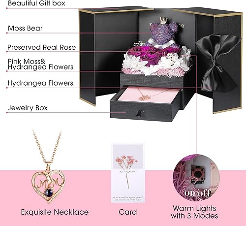 Miniatura 154 de ADDWel Rose Gifts for Women - Preserved Real Roses Forever Purple Flowers with I Love You in 100 Languages Necklace and Cute Moss Bear for