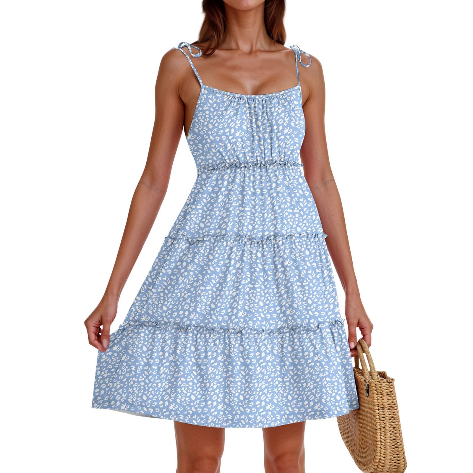 Blue Floral Mini Dresses for Women Spaghetti Strap Squae Neck A Line Skater Dress Tiered Ruffle Flowy Boho Sun Dress Flowy Cute Sleeveless Sundress Spring Dresses for Women 2025 Vacation