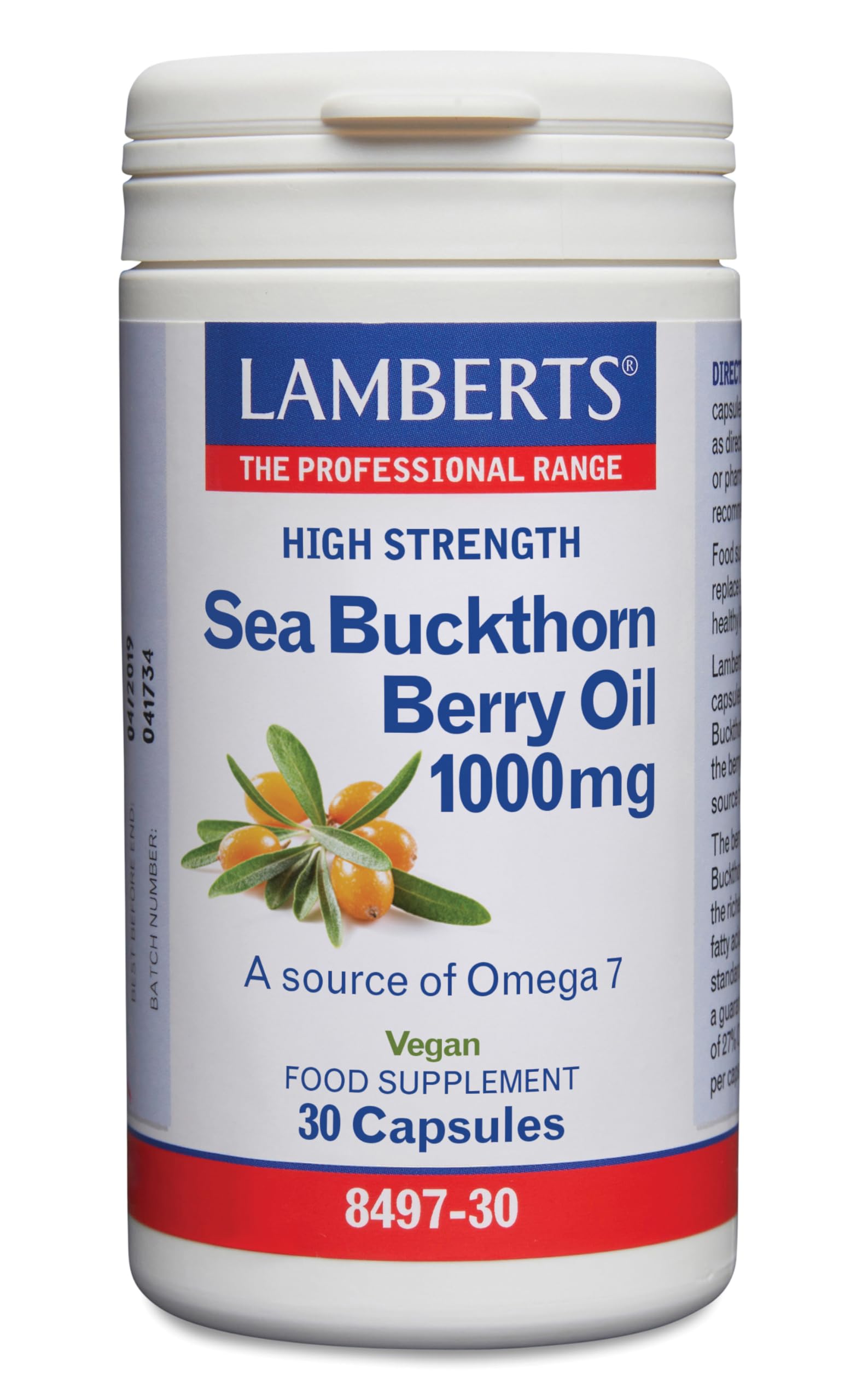 Lamberts Aceite de Espino Amarillo 1000 mg | 30 Cápsulas | Una al Día | Aceite de la Pulpa | 270 mg Omega 7 | Sea Buckthorn | Carotenoides y Vitamina E | Apto Veganos | Calidad Farmacéutica GMP