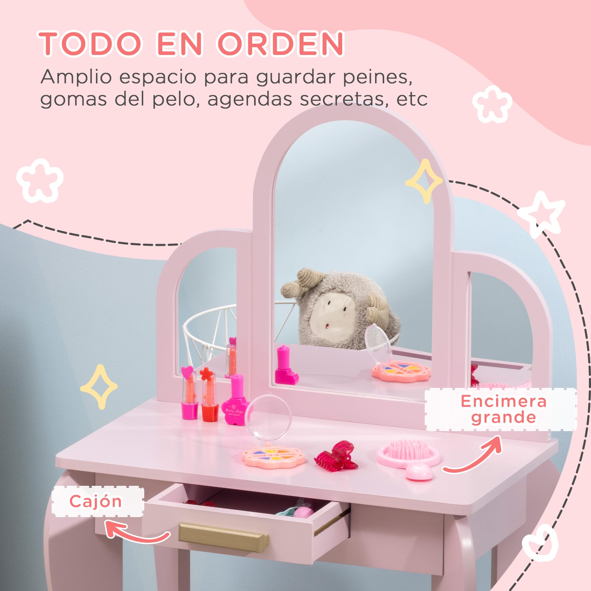 HOMCOM Tocador para Niña con Espejo y Taburete de Maquillaje de 3 a 6 Años, Infantil de Madera con Cajón Rosa