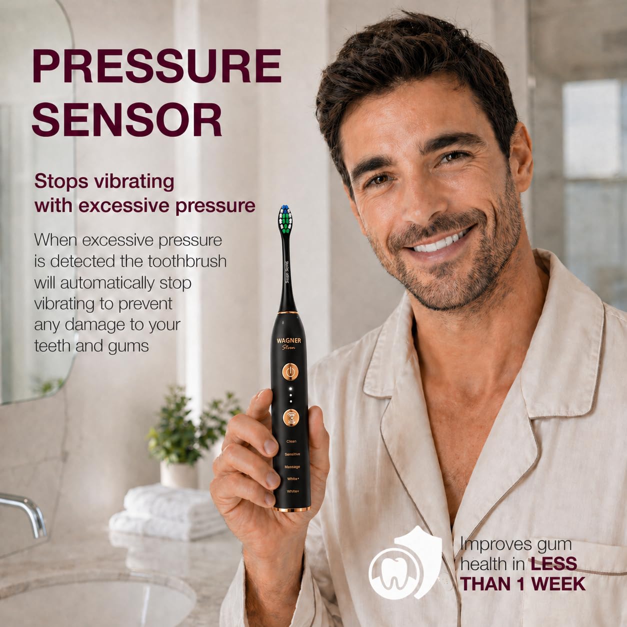 Wagner & Stern WHITEN+ Cepillo Eléctrico Inteligente con Sensor de Presión, 5 Modos, 3 Niveles de Intensidad, 8 Cerdas, Estuche de Viaje Premium. (Carbón)