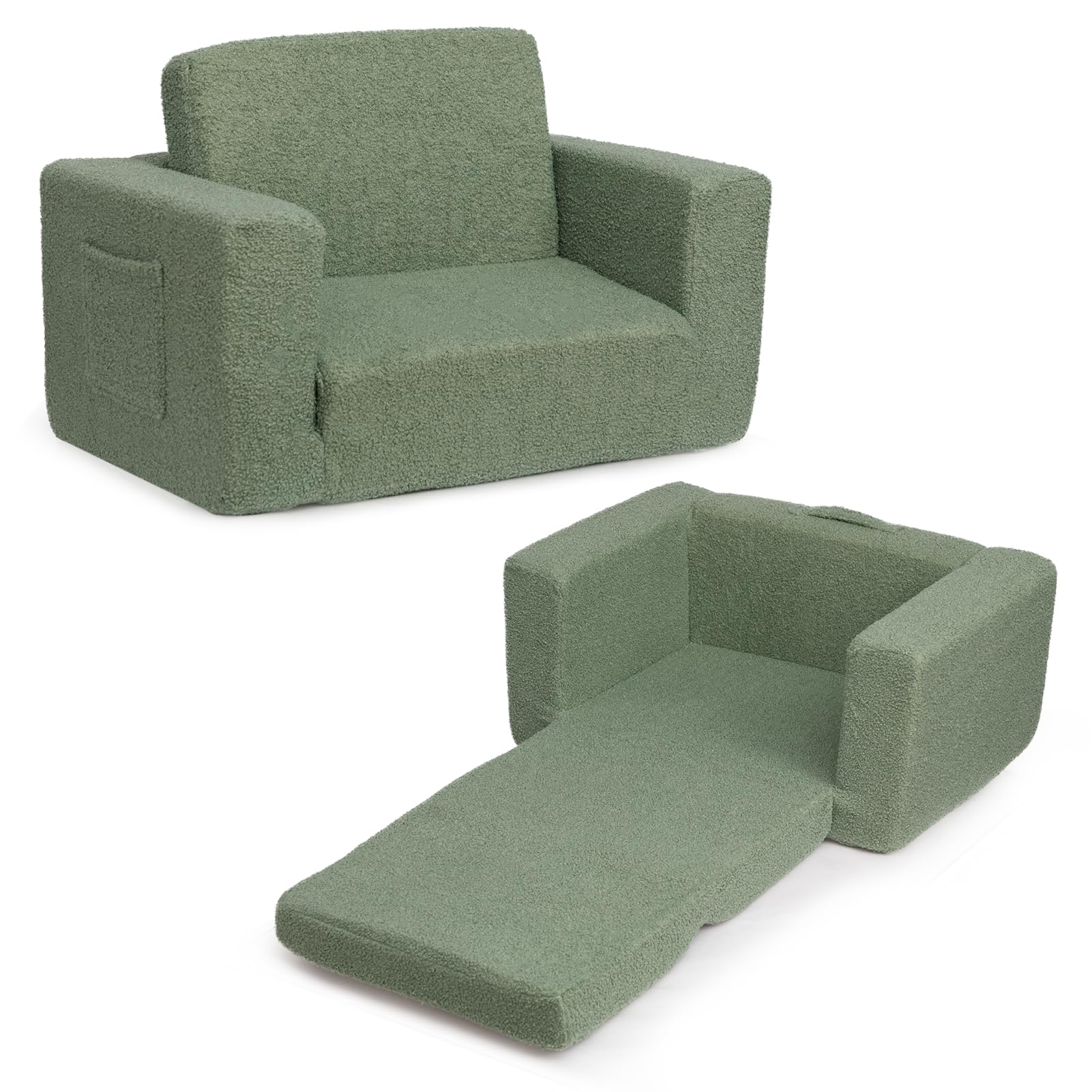 BEJOY Kids Sofa Bed 2-in-1 Fold Out Bed Cuddly Teddy Fur Toddler Couch Convertible Sofa to Lounger Toddler Armchair Kids Chair Children's Day and Birthday Gift for Girls Boys, Laurel Green — image 1