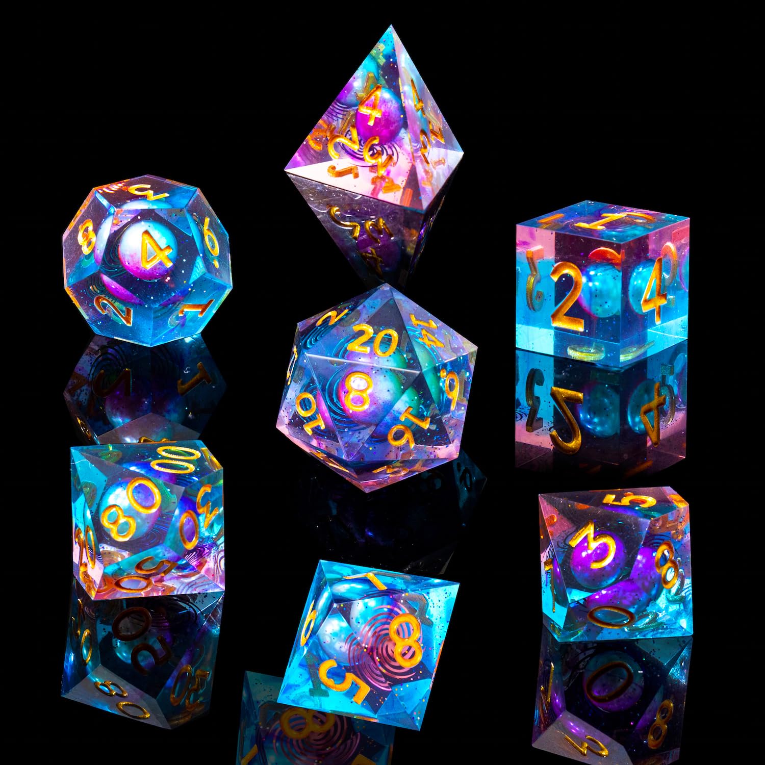 DND Galaxy Dice Set, Star Trails Core Sharp Edge Handmade Dice