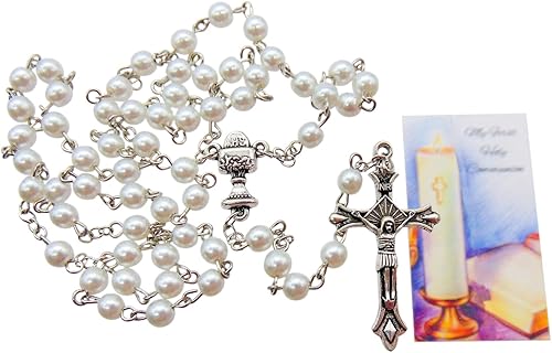 Westmon Works First Communion - Rosario de cristal con centro de mesa de cáliz y crucifijo, juego de lujo para niñas católicas con bolsa de