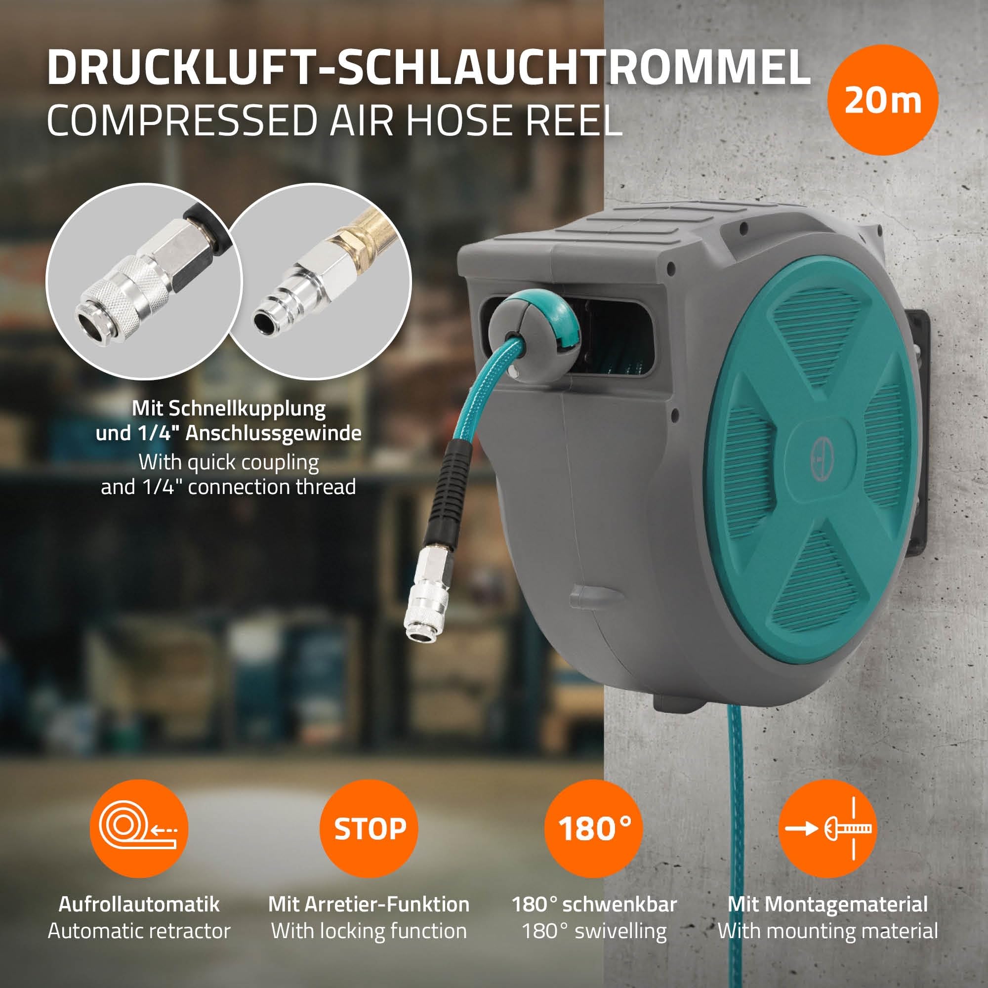 ECD Germany Druckluftschlauchtrommel 20m+2m, Automatischer Aufroller mit Arretierfunktion, 1/4" Anschluss, Schnellkupplung, 15 bar, 180° schwenkbar, Ø12mm, Automatik Schlauchaufroller für Wandmontage