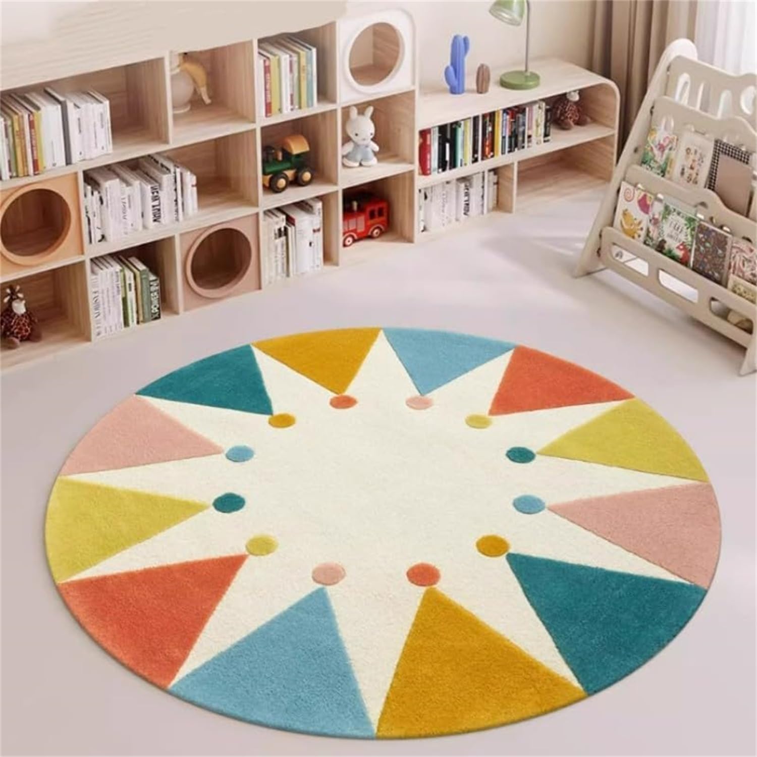 USHIRUG Round Area Rug, 90cm Cartoon Colorful Geometric Triangle Faux Fleece Carpet, Soft and Comfortable Cute Circle Rug, Non-Slip Washable Floor Rugs for Living Rooms Bedrooms Bedside